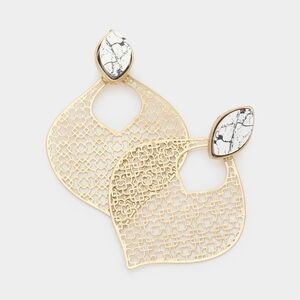 NWT White Howlite Wood Golden Teardrop Filigree Metal Earrings